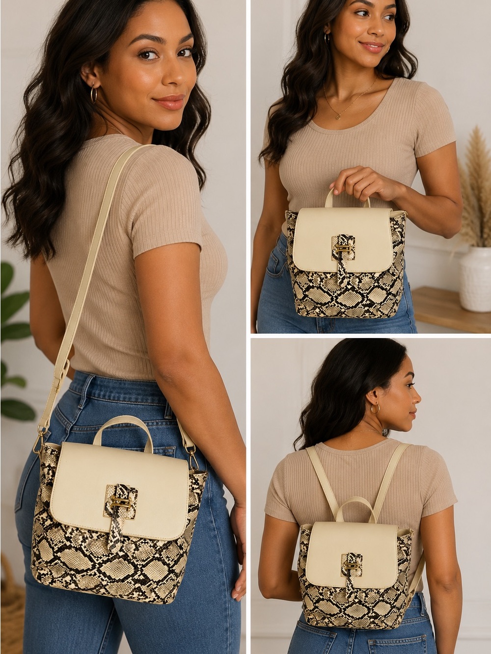 Snake-Print Beige 3-in-1 Convertible Backpack Crossbody Bag with